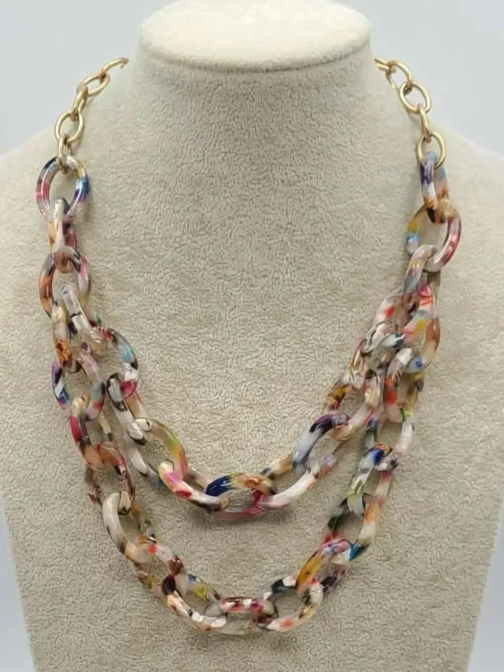 J Crew Multi Color Resin Double Strand Gold Tone Necklace